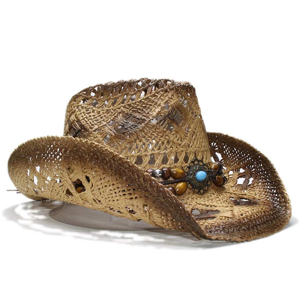 Sombrero de paja estilo vaquero para hombre y mujer, colgante de color turquesa con cuentas de madera, estilo Retro, para verano