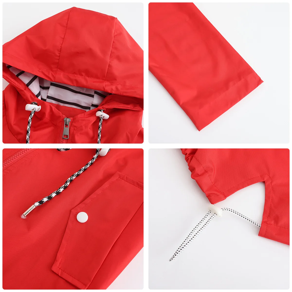 Blue Waterproof Hooded Jacket Women Casual Coat Waist Drawstring Tie Zipper Switch Red Green Yellow Black Windbreaker