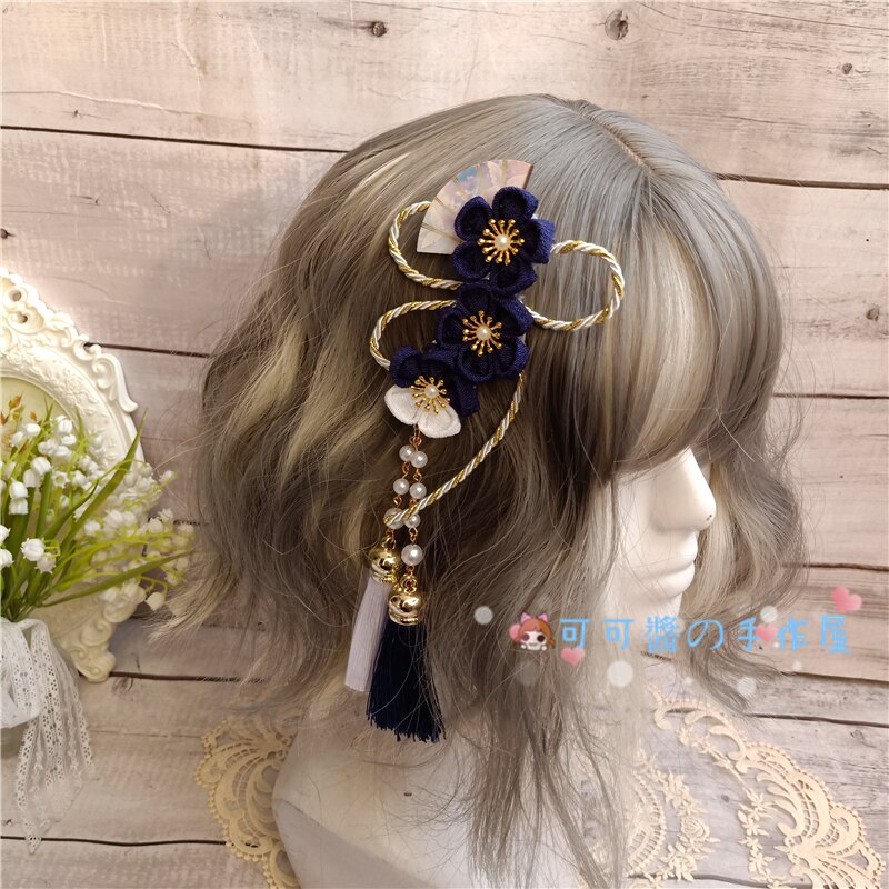 Pasadores Harajuku de estilo japonés para niña, Kimono, abanico de flor de cerezo, accesorios para el cabello, horquillas con Clip LATERAL con borlas suaves de Lolita: Lavanda