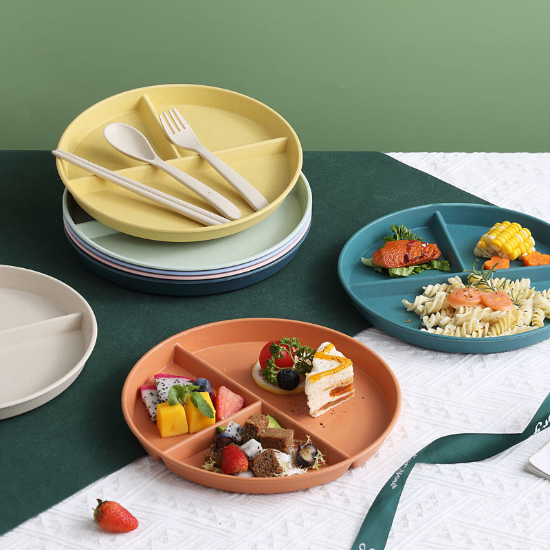 Plates For Food Dinner Plates Fruit Dinnerware Dining Compartment Plate Dessert Dishes Salad Kitchen Wheat Straw Tableware 3Grid