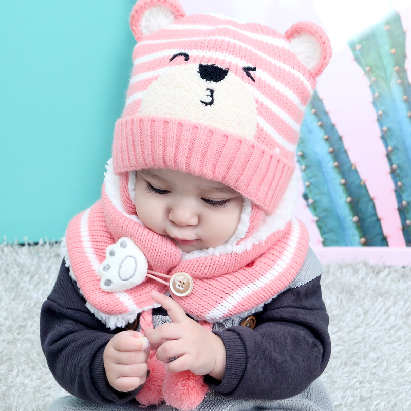 Gorro de invierno para niña, conjunto de bufandas para niños, niños, dibujos animados, oso, rayas, gorro de punto, gorro y bufandas con botón, traje cálido