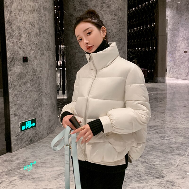 Solide Col Montant Courtes Oversize Veste Hiver Femme Doudoune Mat Parkas Épaissir Fermeture Éclair Décontracté Outwear Femmes: Beige / XL