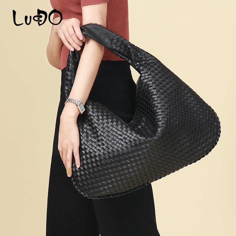 LUCDO-sac Hobo fait à la main en cuir PU tissé décontracté, sac à main de bonne Patchwork fermeture éclair pour femmes, sacs à épaule