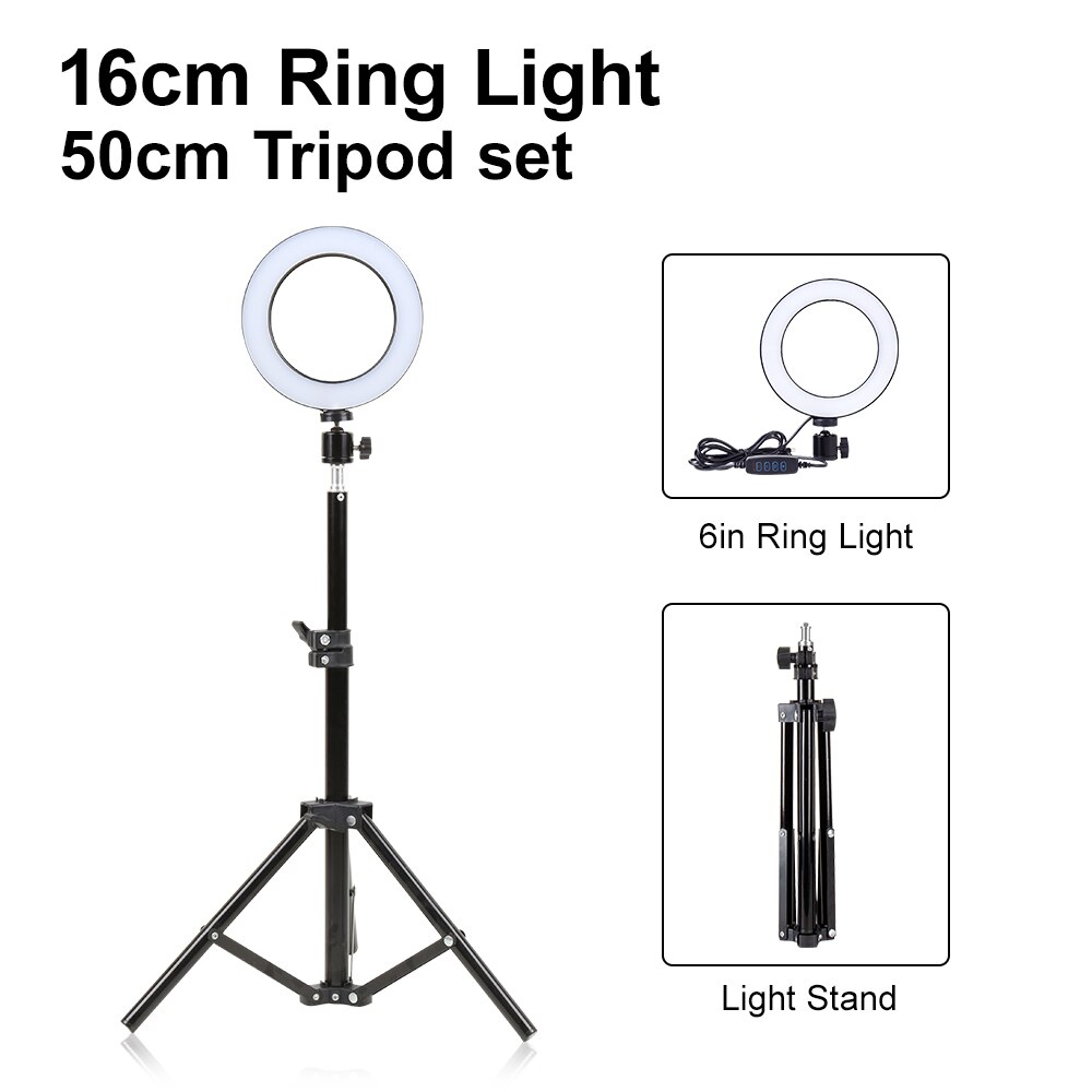 LED Makeup Light Ring 5500K Dimmable Photographic Lighting With Tripod Stand LED Lamps Selfie Phone Ring Light For Video Camera: 6 inch 50cm set