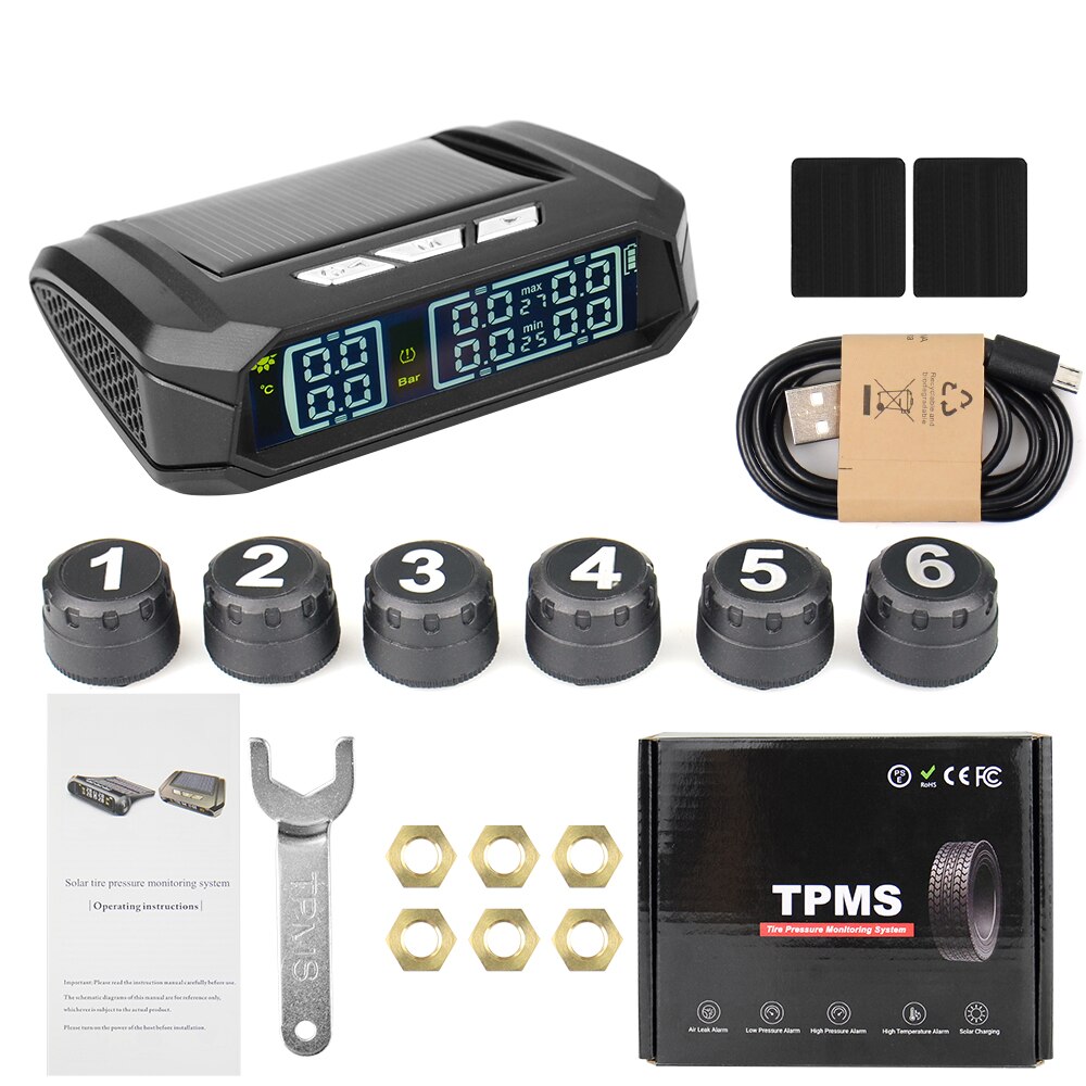 Universal Truck TPMS With 6 External Sensors Tire Pressure Monitor Solar USB Charging Tyre Pressure Monitor for Truck Safety: Truck 6 sensors I