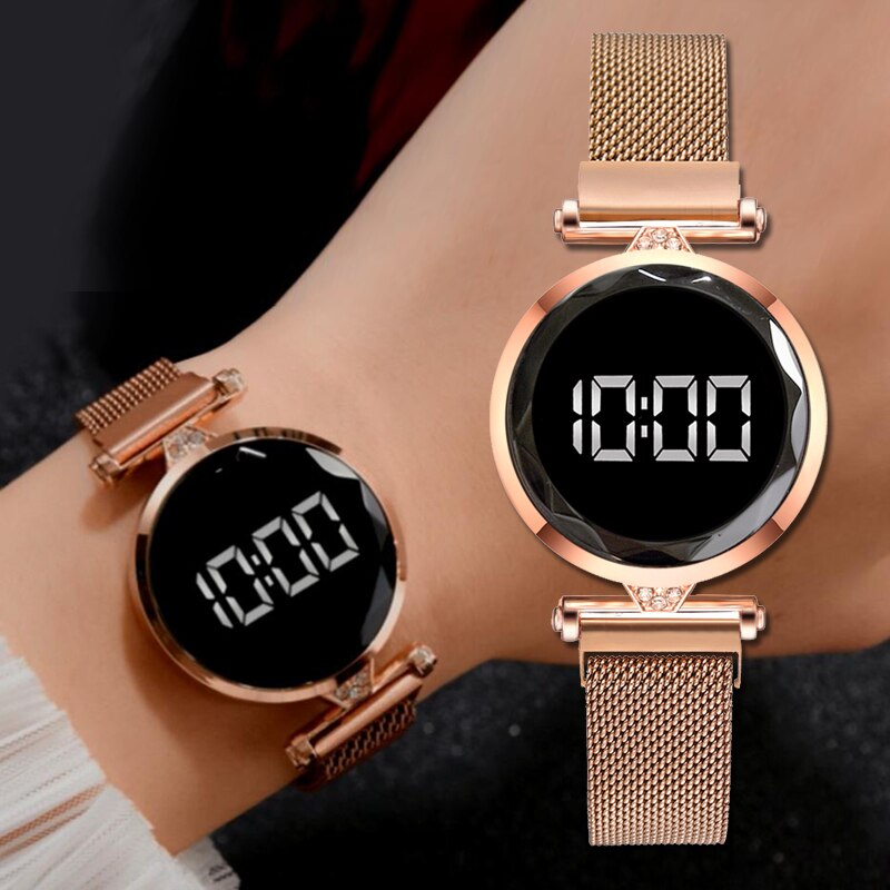 Luxe Led Vrouwen Magnetische Armband Horloges Rose Goud Digitale Jurk Horloge Quartz Horloge Dames Klok Relogio Feminino