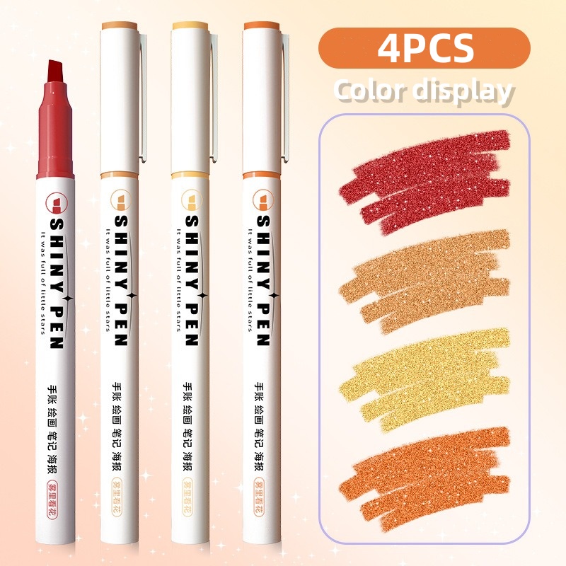 Ensemble de stylos brillants de couleur scintillante, surligneur scintillant, marqueur de 4mm, brosse pour dessin, peinture, école d'art, paillettes métalliques, 4 pièces: Rouge