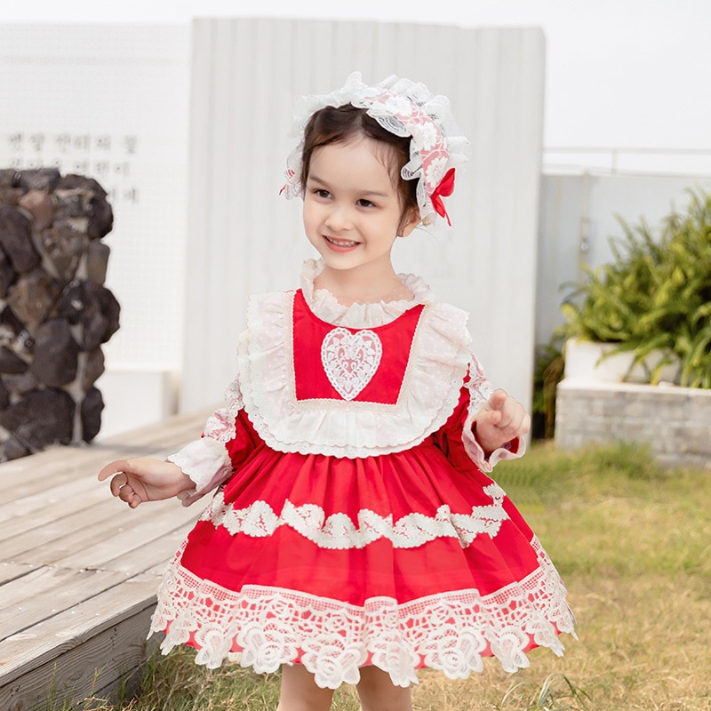 2 st småbarn flicka lolita prinsessa klänningar barn röd spanska frock höst baby flickor jul klä upp spädbarn spanien vestidos