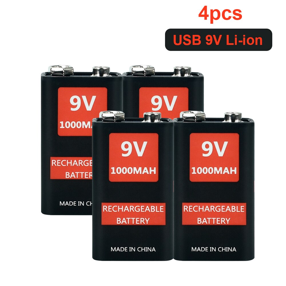 1000mAh micro USB 9 Volt li-ion Rechargeable Battery 6F22 9V Li ion Lithium Battery for RC Helicopter Model Microphone Toy: 4Pcs 9v