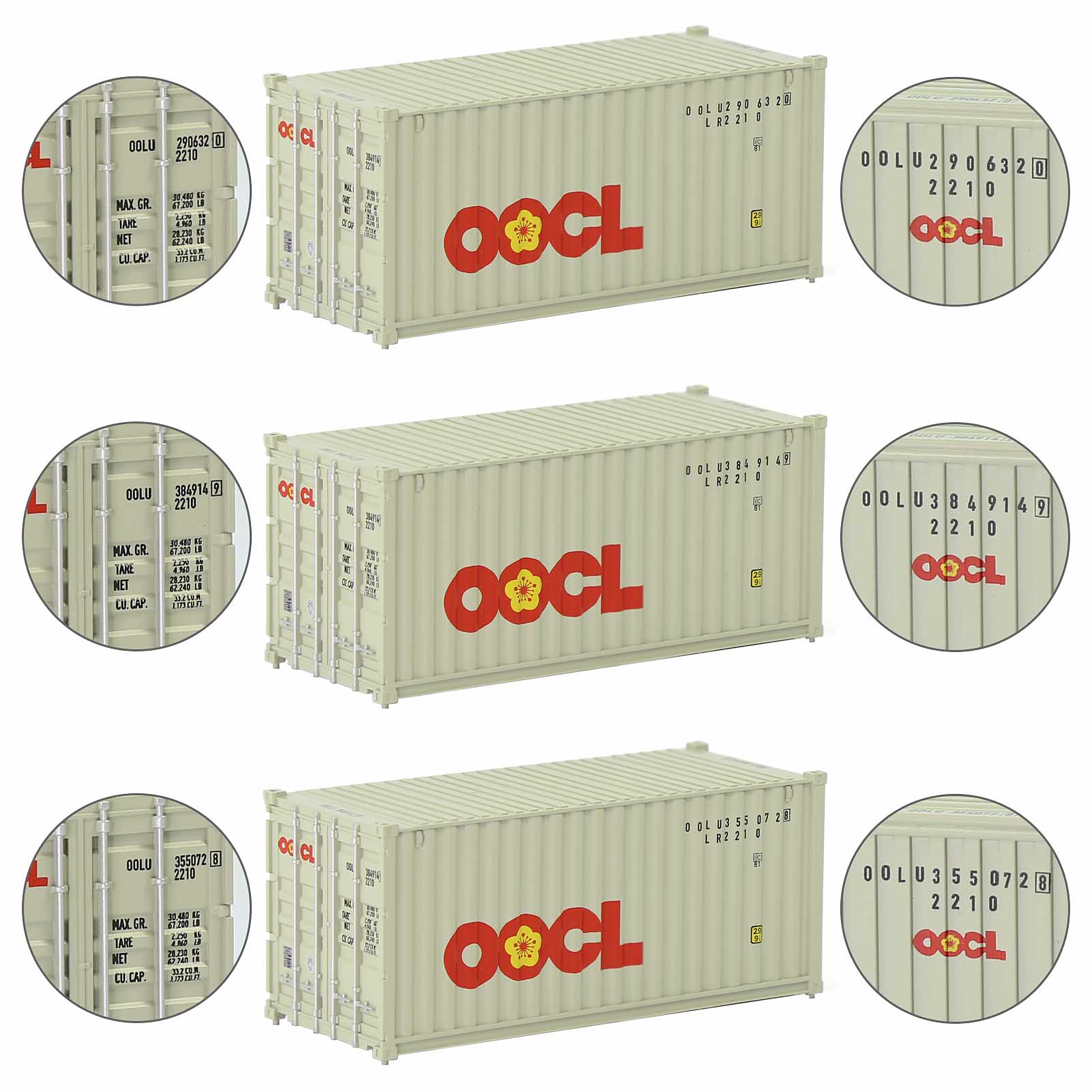 3pcs Mixed HO Scale 1:87 20ft 20&#39; Contaniers Cargo Box Wagons with Different Road Name Model Railway Layout C8726: 3pcs OOCL