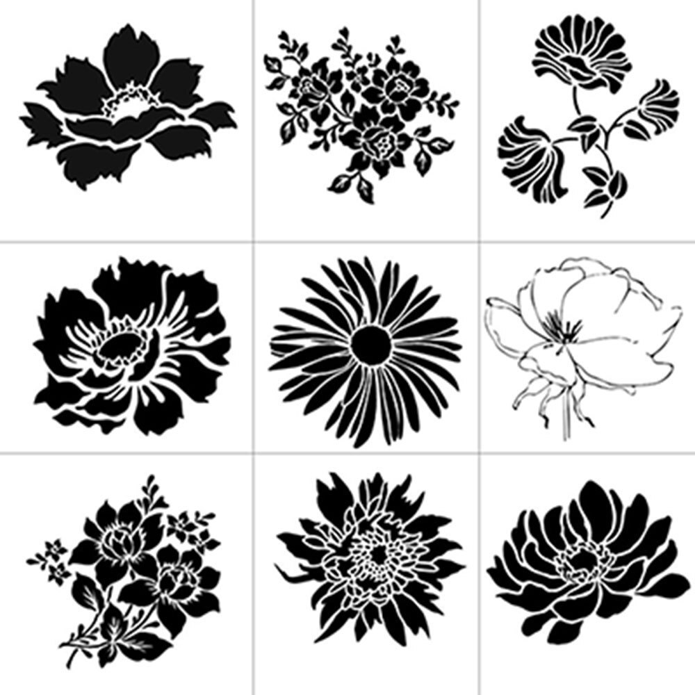 9pcs 14.1cmx13cm Reusable Plastic Mandala Stencils Painting Templates for Painting DIY Art Projects(9 different flowers) SR92100