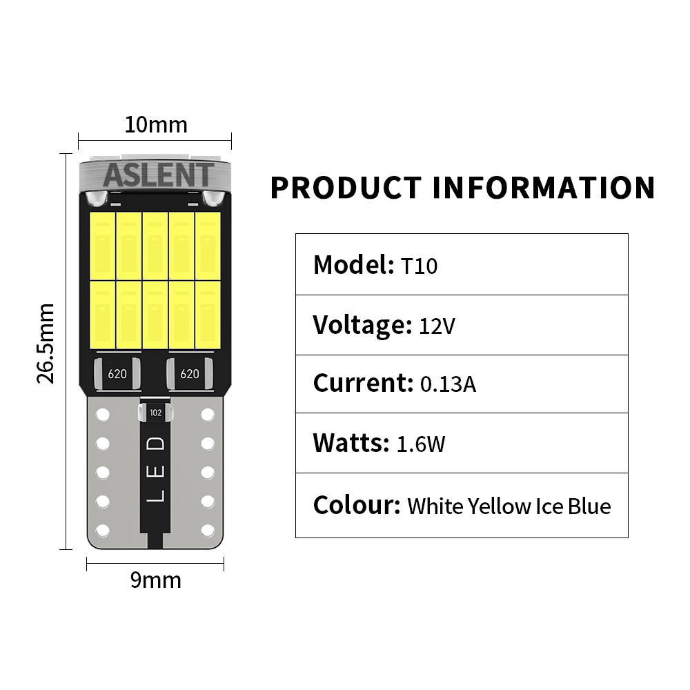 ASLENT 10x W5W T10 bombillas Led Canbus 4014 26SMD 6000K 168 194 Led 5w5 Interior del coche cúpula lectura luz de matrícula lámpara de señal