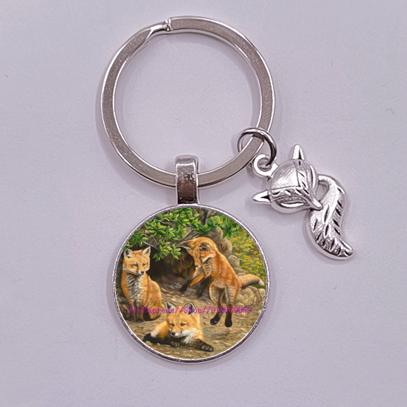 Porte-clés en verre, renard et fleur de dessin animé pour femmes, joli Animal coloré pour filles: Orange