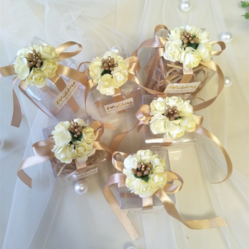 25pcs PVC Candy Box Birthday Party Event baby shower Decor Wedding Favor Party Supply bridesmaid Bag Box with Ribbon Flower