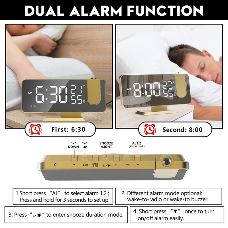 Reloj despertador Digital LED para mesa, relojes electrónicos de escritorio, Despertador con USB, Radio FM, proyector de tiempo, función de repetición, 2 alarmas
