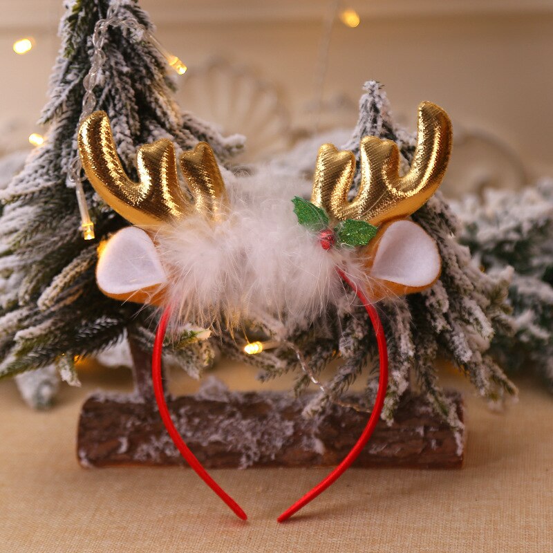 20pcs Funny Cute Red Gold Plush Antler Reindeer Head Buckle Headband Headwear Party Children Adult Navidad Christmas: Classic golden antle