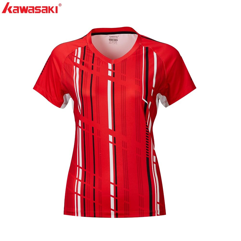 KAWASAKI Quick Dry Badminton Shirts for Ladies Short Sleeve V Neck Tennis T-Shirt Women Sport Clothing Sportswear ST-R2206: ST-R2206Red / S