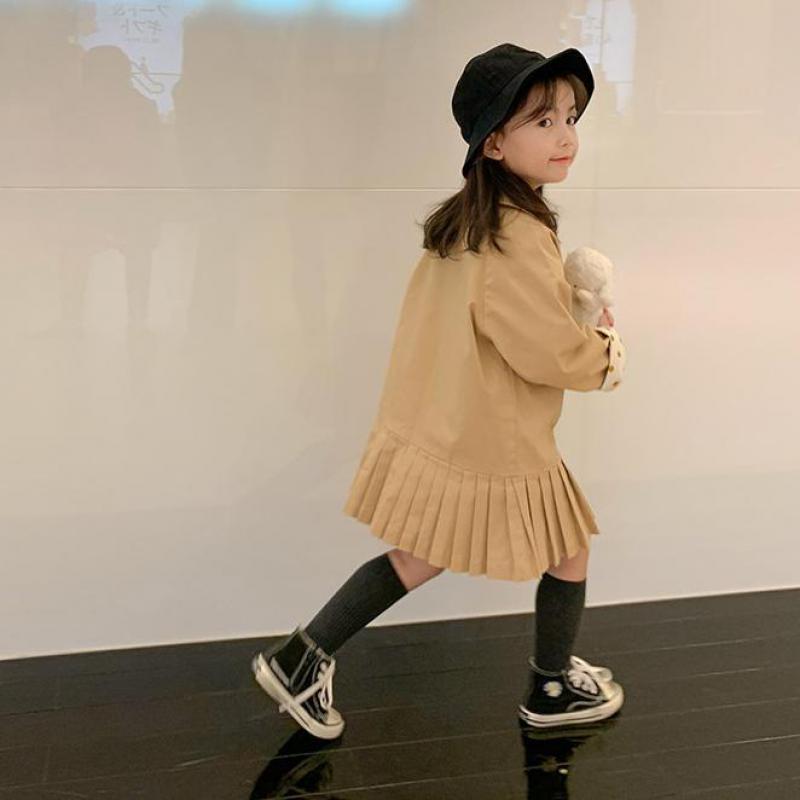 Børn pige trench coat plisseret kaki lang england trench coat pige jakke vindjakke børn frakker efterår vinter