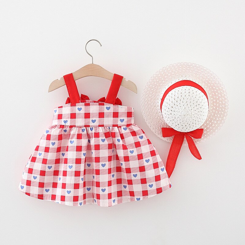 Set di vestiti per neonati estivi in 2 pezzi abiti da bambina per bambini abito da spiaggia in cotone senza maniche scozzese con fiocco carino + cappello da sole BC2176