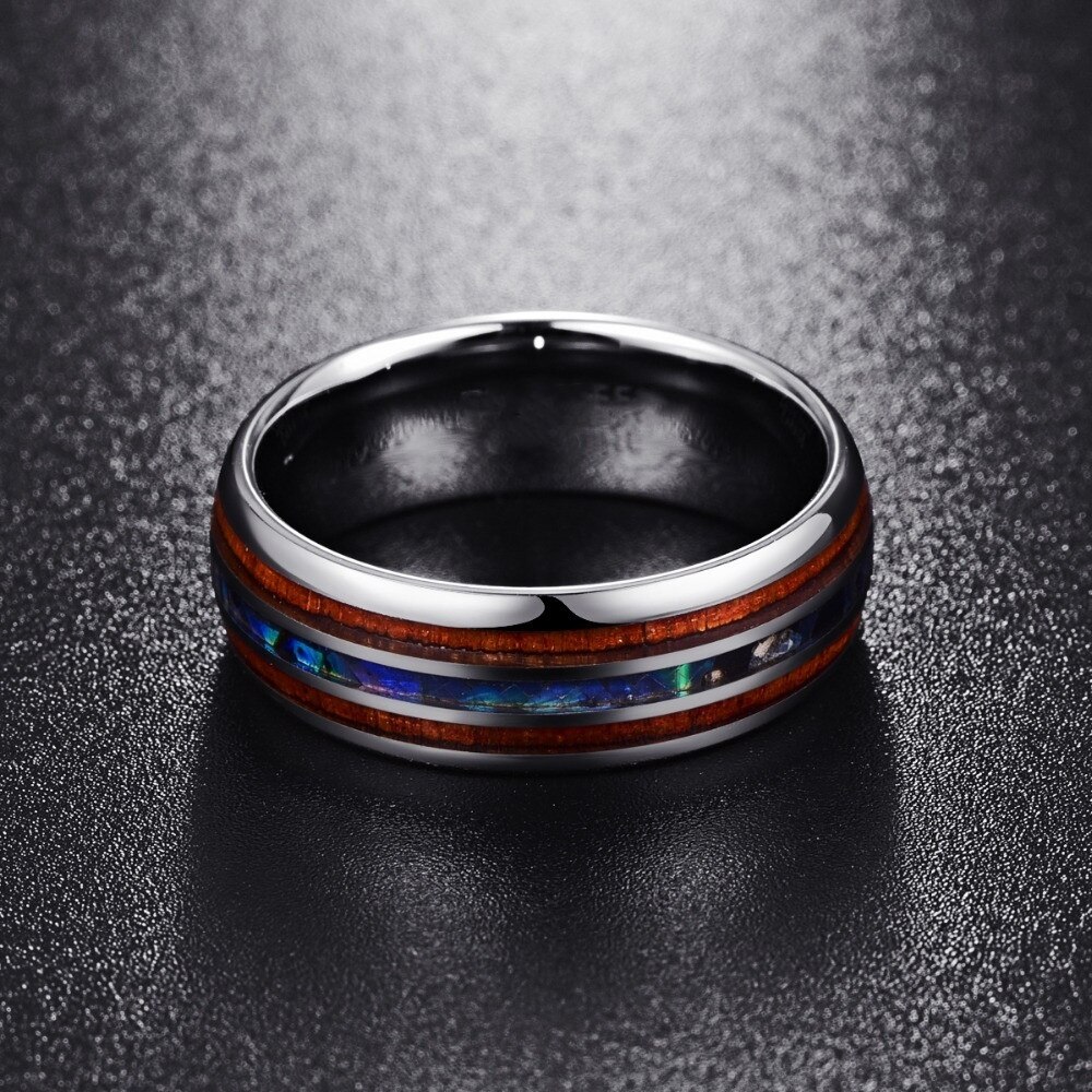 FDLK 8mm hawaïen Koa bois et coquille d'ormeau en acier inoxydable anneaux bandes de mariage pour hommes bijoux