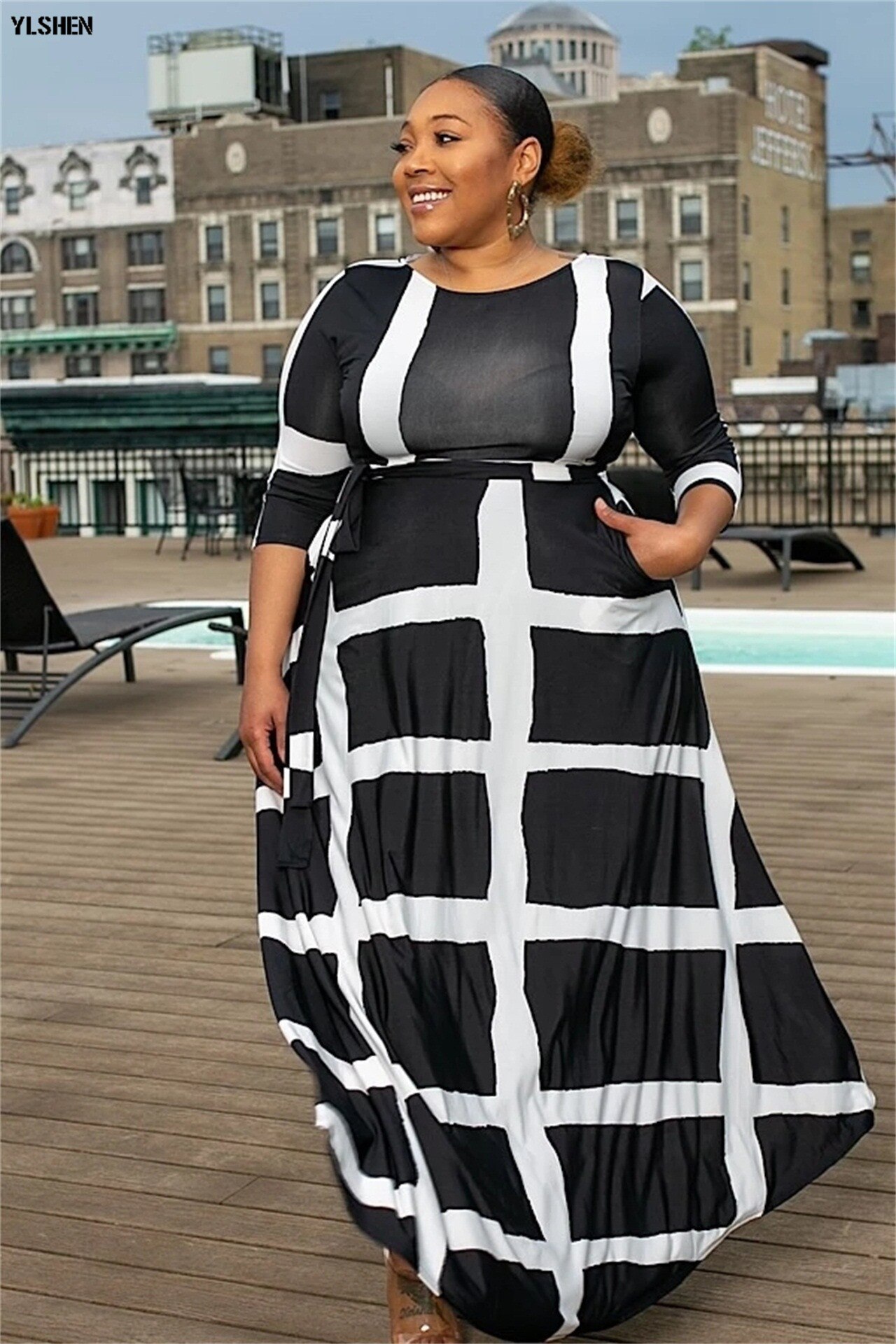 5XL African Dresses for Women Dashiki African Clothes Basin Riche Positioning Print Long Sleeve Black White Africa Dress