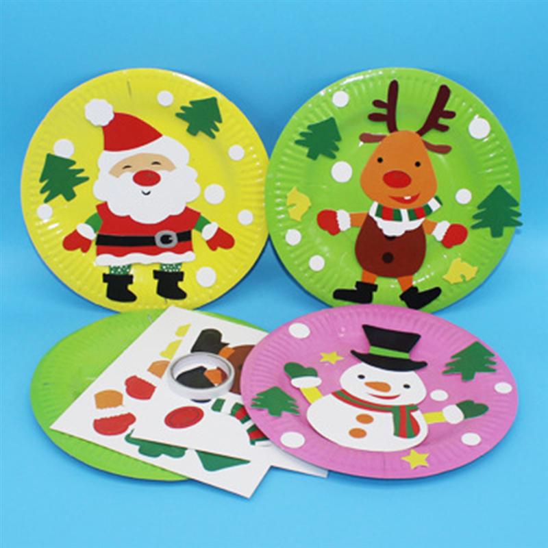 6pcs Dei Bambini Di Natale Piatto di Carta Pittura FAI DA TE Fatti A Mano Materiale Babbo natale Adesivi Vassoio Bambini di Arte Del Mestiere Giocattoli Educativi