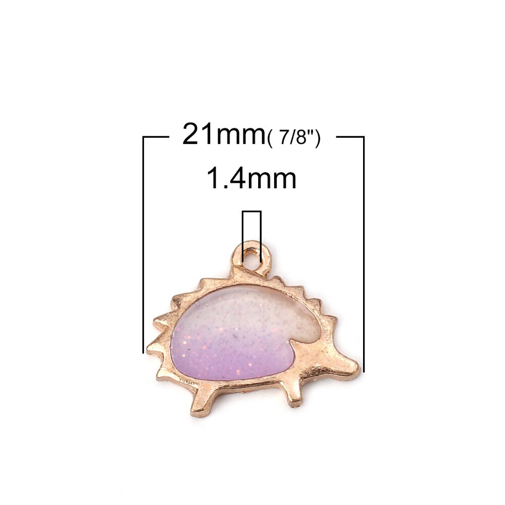 Doreen Box colgantes de aleación a base de Zinc Kawaii Hedgehog Color dorado púrpura esmalte Glitter colgantes 21mm( 7/8 ") x 17mm( 5/8"), 10 Uds