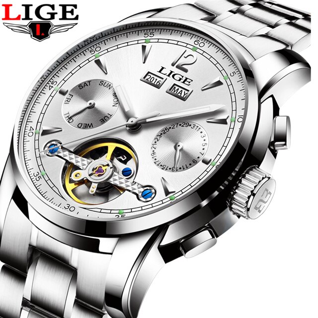 Männer Uhren Luxus oben LIGE Tourbillon Mechanische Sport Uhr Mens Geschäft Automatische Uhr Mann Relogio Masculino: Silber- Weiß