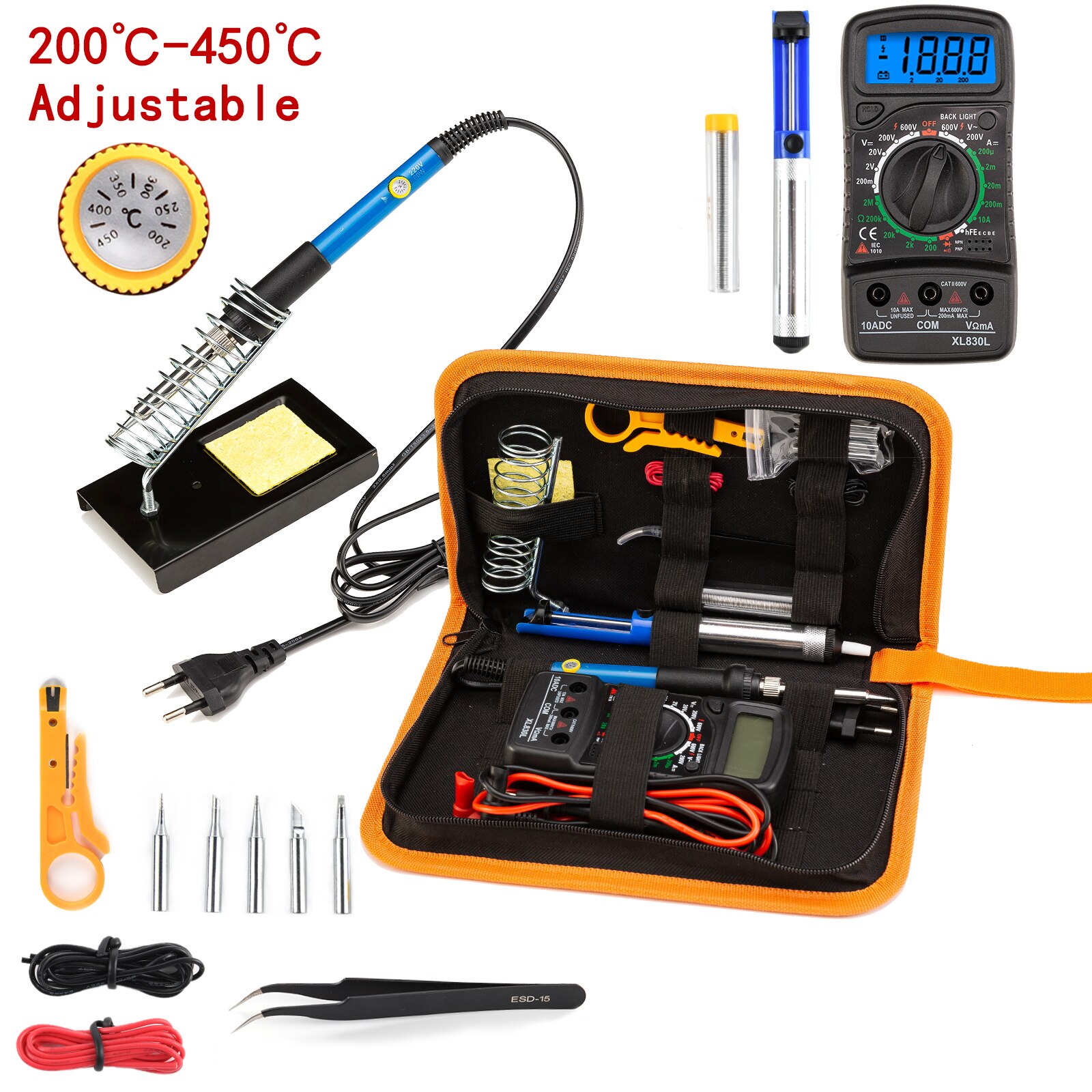 CAUTIN Soldering iron with Digital multimeter kit Adjustable Temperature Auto Ranging AC/DC tester multimetro Welding Tool Kits: 8 / EU