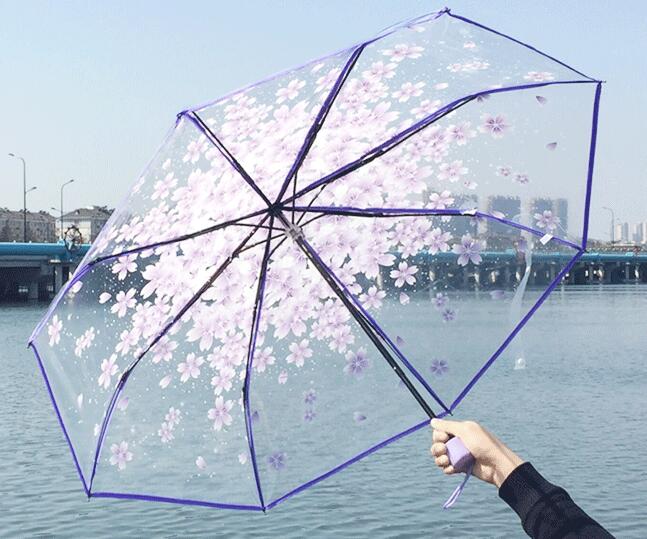 Halvautomatisk til vind kraftig regn kvinder parasol romantisk gennemsigtig klar blomster boble kuppel paraply