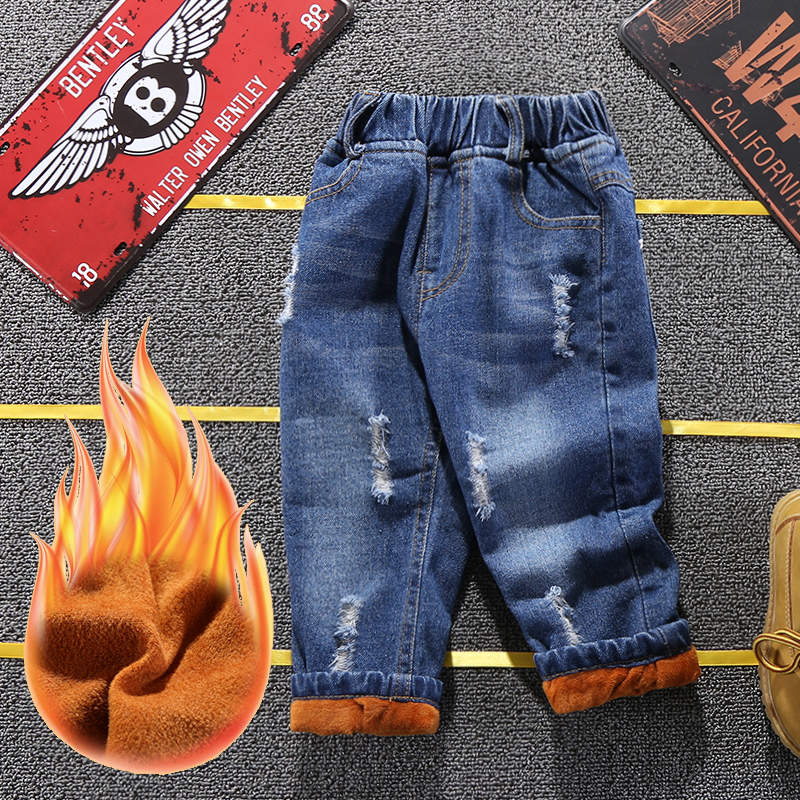 Vinter baby drenge holder varmen bomuld jeans børn afslappet hul etiket plus tykke fløjl piger denim bukser: 6t