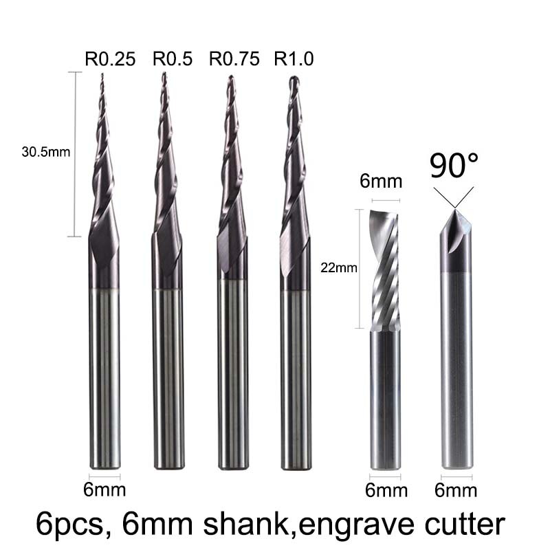 Cnc massiv hårdmetallgraveringsbitar frässkärare träbearbetningssats 3.175mm 6.35mm 6mm skaftfräsar för träsnideri: 6mm set -2-6 st