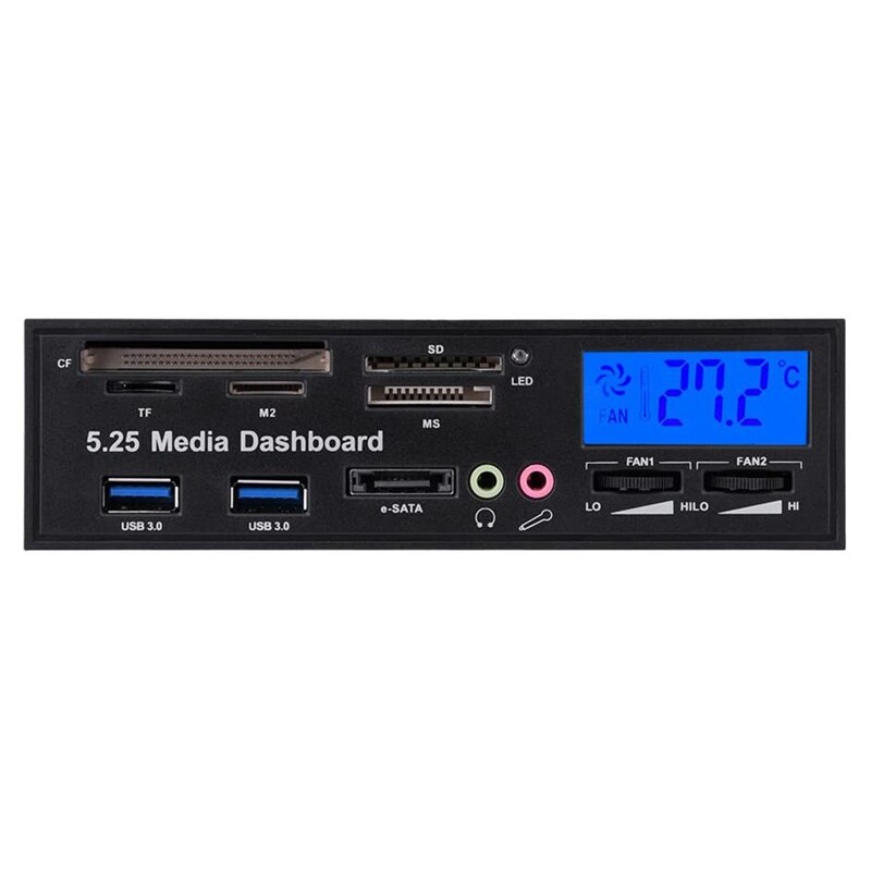 Media Dashboard 5.25 Optical Drive Panel USB3.0 6Gbps ESATA HUB with LCD CPU Temperature Display for PC Desktop Computer