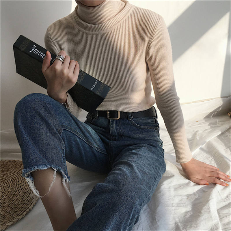 RUGOD Solid Turtleneck Sweater Women Long Sleeve Knitted Slim Pullover Female Autumn Winter Sweater Befree Tops: yellowish white