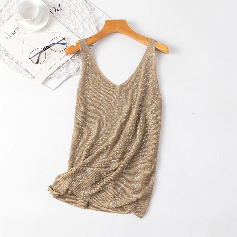 Bling Lurex diamond – débardeur tricoté sans manches pour femme, Camisole ample, couleur unie, blanc, noir, été,: Kaki