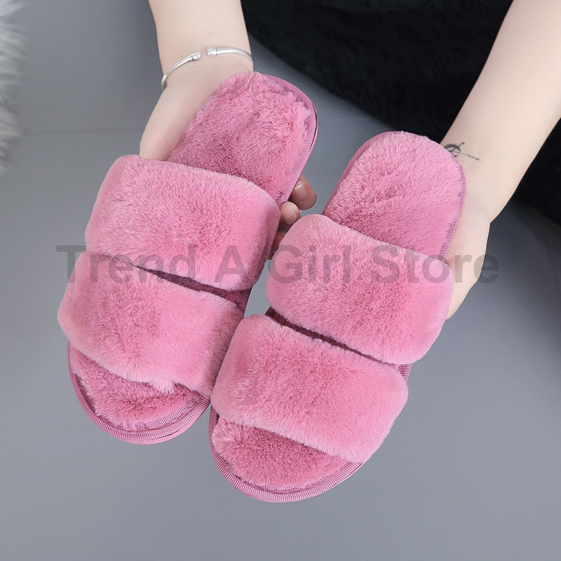 Femmes moelleux hiver pantoufles solide croix en peluche bout ouvert diapositives doux plat femme chaussures fausse fourrure pantoufle maison chaussures