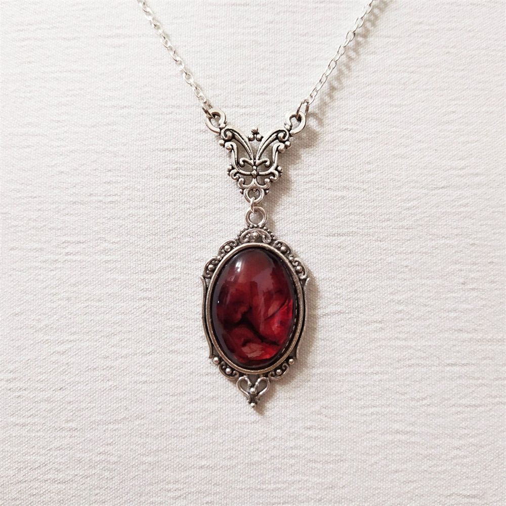 Gotische Bloed Rode Kwarts Charme Ketting Ovale Hanger Ketting Voor Vrouwen Halloween Vampier Reliëf Heks Sieraden Vintage Chokers