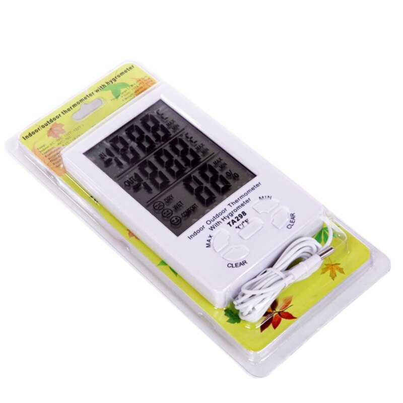 Indoor Outdoor LCD Digital Desktop Temperature Meter Humidity Thermometer Time Clock with External Probe Sensor Cable