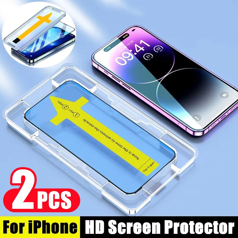 Protector de pantalla de cubierta completa de instalación con un solo clic para iPhone 14, 11, 12, 15 13 Pro Max, vidrio templado, 2 uds.