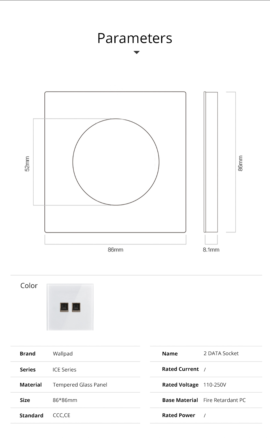 Wallpad L6 White Glass Frame Double Dual RJ45 CAT6 Ethenet Port Computer Data Wiring Outlet Accessory in Single Plate