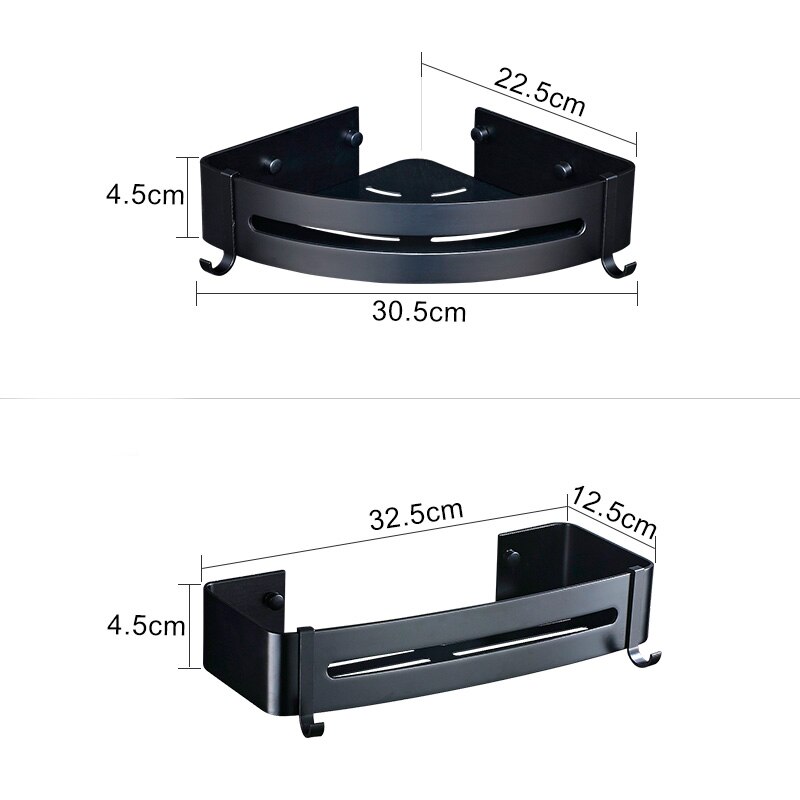 Sans ongles aluminium noir salle de bains cuisine étagère cosmétique Rack dans mur bain coin panier avec crochet salle de bain étagère de rangement
