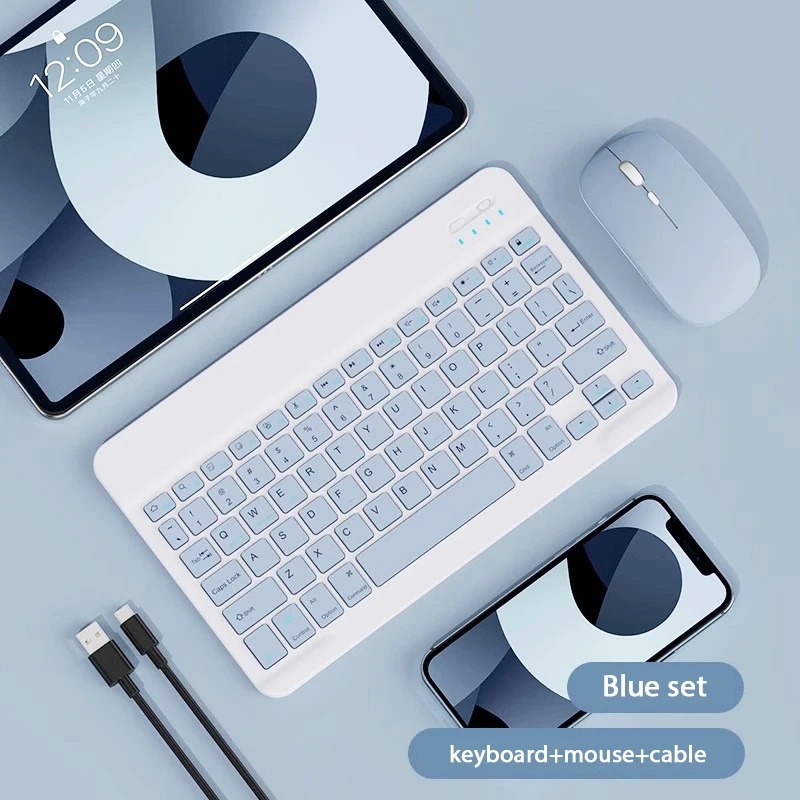 Bluetooth-Tastatur, Mobiltelefon, Tablette, universelles 10-Zoll-Maus-Tastatur-einstellen, kabellose Steuerung, Ladeadapter mit iPad: Blau