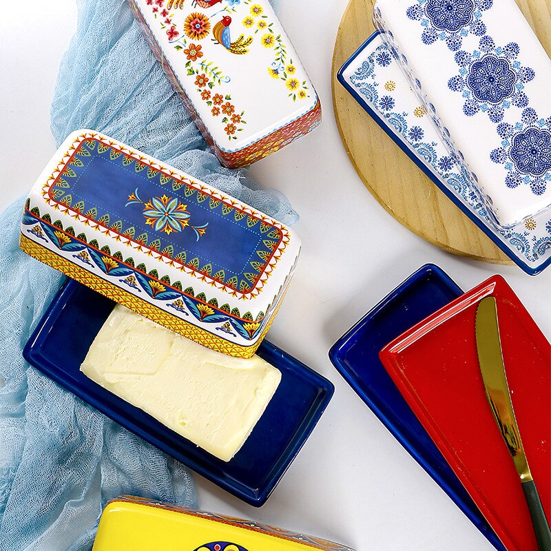 1Pc Bohemian Boter Doos Met Deksel Voedsel Container Boter Plaat Huishoudelijke Servies Opbergdoos Keramische Schotel Kaas Doos