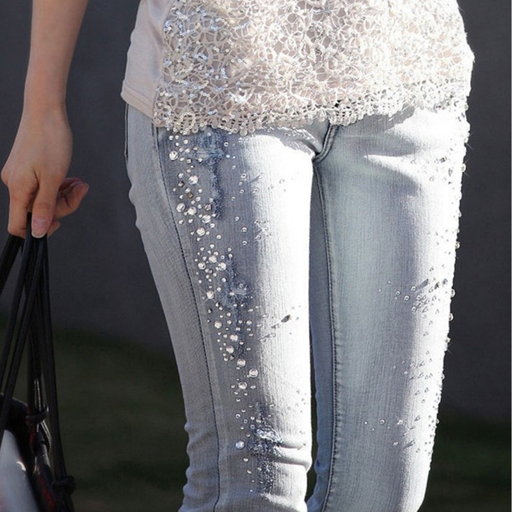 Vrouwen Diamond Geboord Gat Jeans Vrouw Potlood Broek Vrouwen Jeans Ripped Denim Broek Met Strass Denim Broek Vrouw