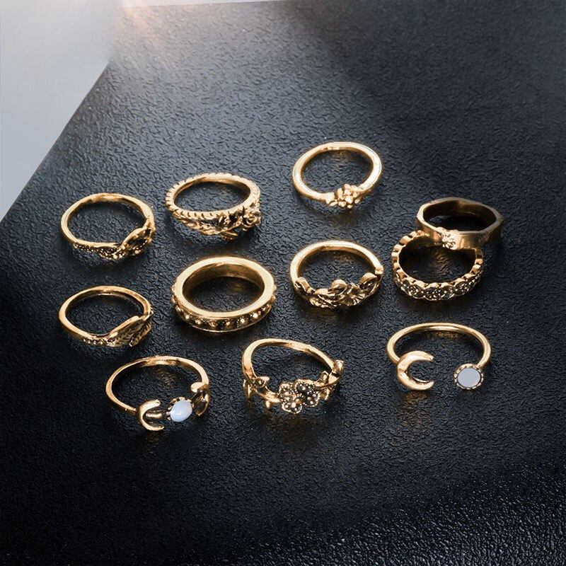 LOVR Jahrgang Gold Ringe Für Frauen Bohemien Ethnischen retro Kristall Blume Blätter Hohl Ring einstellen Knöchel Modeschmuck
