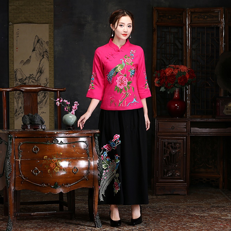 Lange Hemd Weiblichen Bestickte Bluse Tunika Kimono Strickjacke orientalisch Chinesischen Stil Shirt Sommer Spitzen für Frauen