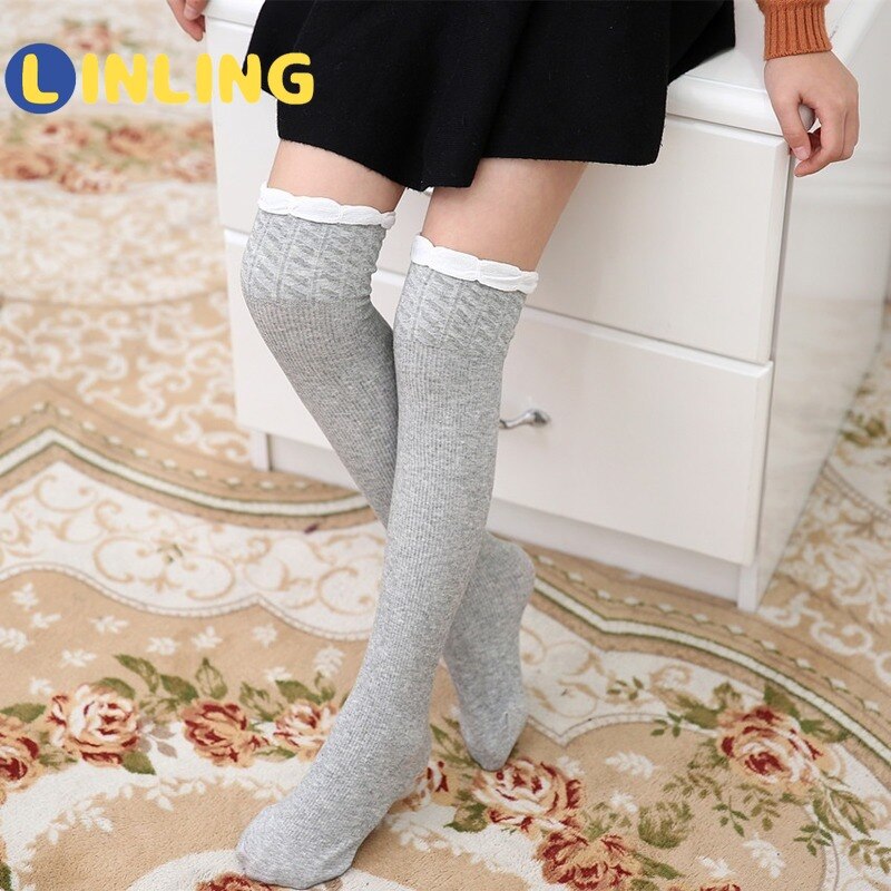LINLING Summer Infant Over Knee High Socks Girls Mesh Breathable Stockings Autumn Toddler Girls Cotton Socks Solid Color P125