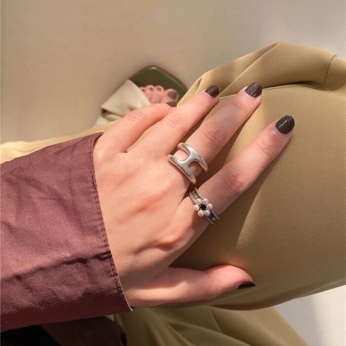 AOMU 1PC Women Vintage Drip Glaze Metal Imitation Pearl Flower Open Rings for Women Party Wedding Jewelry