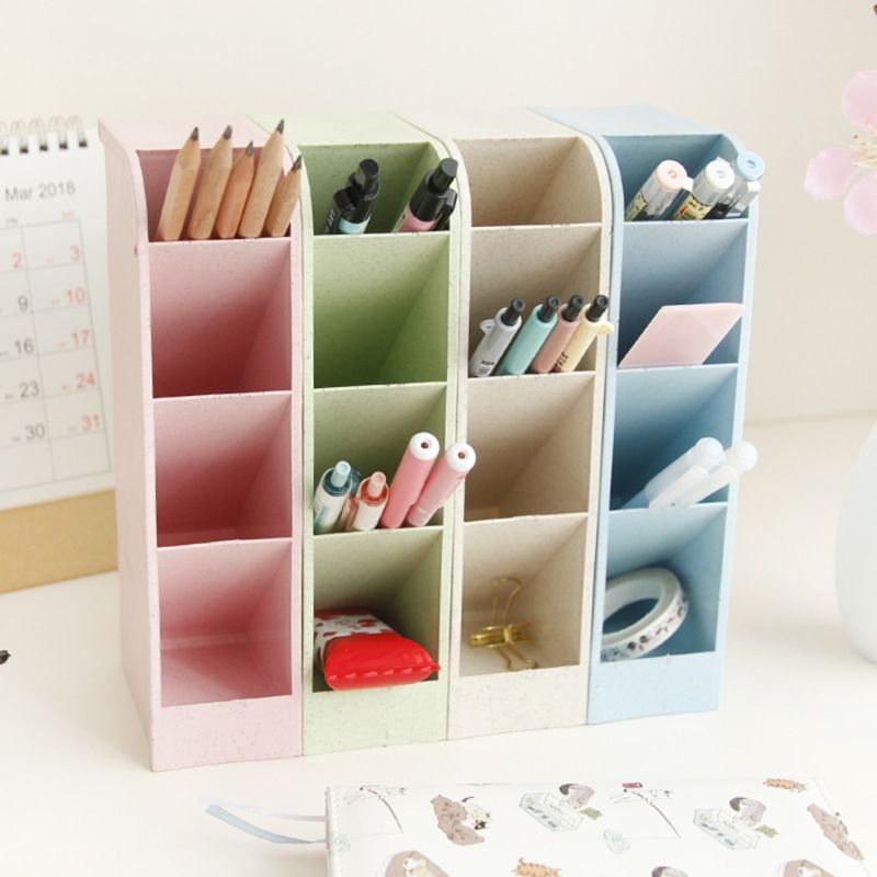Porta pluma de escritorio multifuncional, 4/5 rejillas, caja de almacenamiento y escuela para oficina, organizador de lápices de escritorio de paja de trigo, papelería