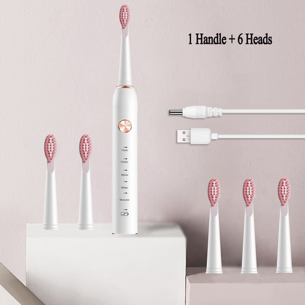 Sonic Electric Toothbrush USB Rechargeable 5 Modes Ultrasonic Automatic Brush Timer Waterproof Dental Brush Teeth Whitening: White 6 heads
